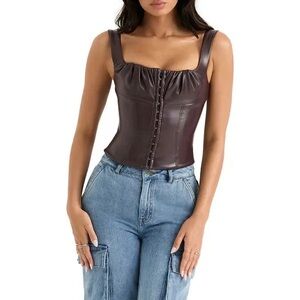 House of CB James Cocoa Chocolate Brown Vegan Leather Gathered Corset Tank Top